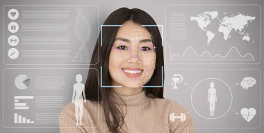 Küresel salgın. Asyalı kadının yüz taraması, şeffaf ekranda özel bilgilerle kolaj. Panorama