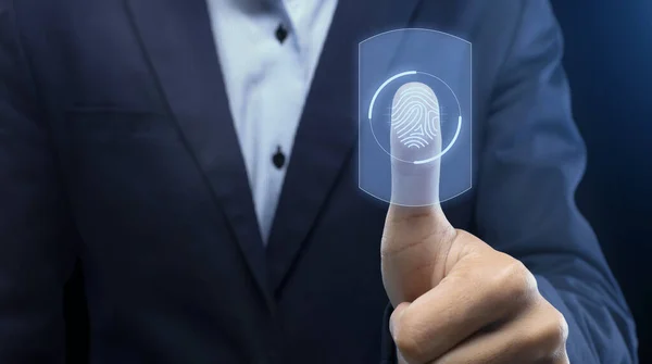 Unrecognizable Businessman Scanning Thumbprint Verifying Identity Over Blue Background, Panorama