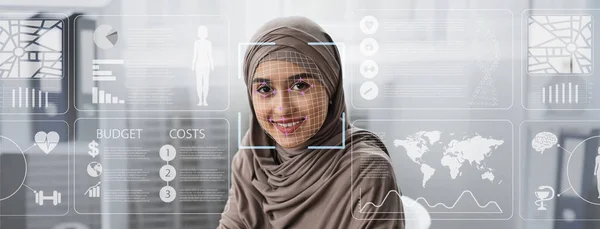 Сбор персональных данных. Сканирование лица мусульманки в хиджабе дома, коллаж с таблицами данных на виртуальном экране — стоковое фото