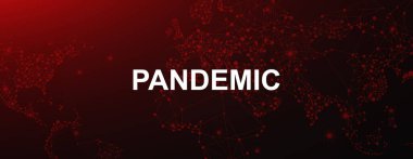 Bulaşıcı salgın. Koyu kırmızı arka planda kelime PANDEMIC ile illüstrasyon, panorama