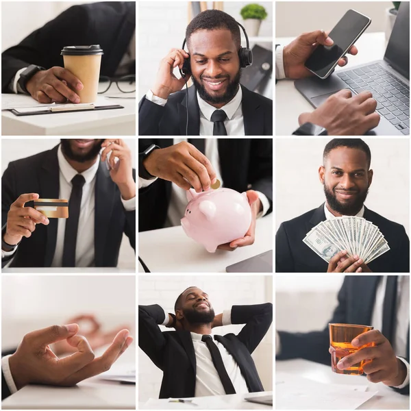 Коллаж красивого черного бизнесмена в офисе в различных рабочих ситуациях — стоковое фото