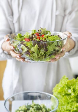 Tanımlanamayan bir kadın mutfakta yeşil salata hazırlıyor.