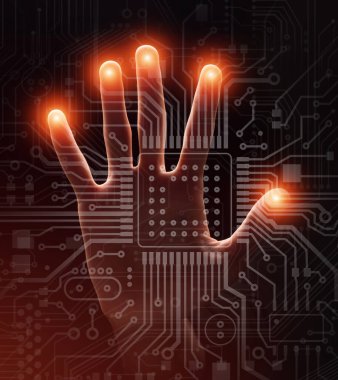 Bilgisayar elektroniği. Avuç içini aç, parlayan anakart ile hayali ekrana dokun, kapat. Kolaj