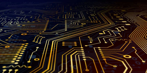 Computing technologies. Microelectronic circuit with gold lines, macro view. Illustration. Panorama — Stock Photo, Image