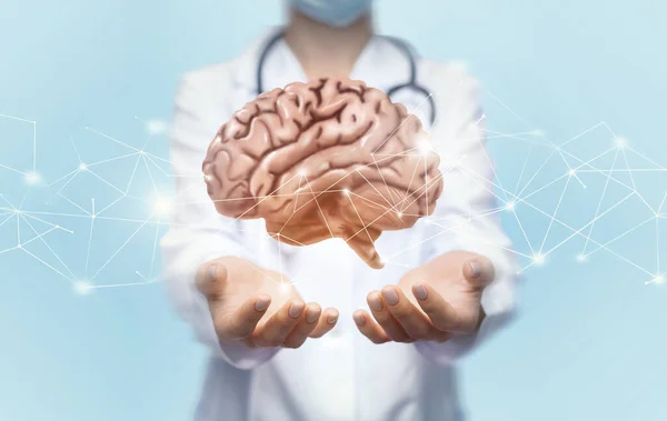 Medico donna irriconoscibile che tiene il cervello con entrambe le mani — Foto Stock