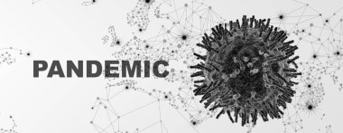 Mikroskop altında Coronovirus patojeni, PANDEMIC kelimesiyle siyah beyaz illüstrasyon