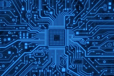 Modern teknoloji. Arka plan olarak mavi bilgisayar mikro devresi, üst görünüm. Görüntü