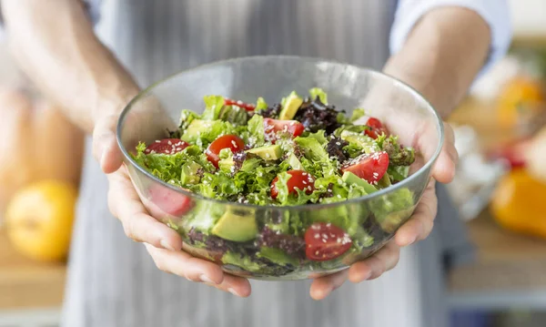 Man holding full bowl of fresh green salad, panorama Royalty Free Stock Photos