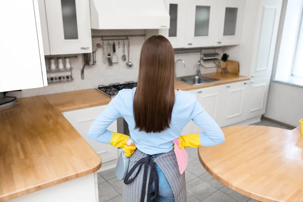 Jonge vrouw staande met wasvloeistof en katoenen doek — Stockfoto