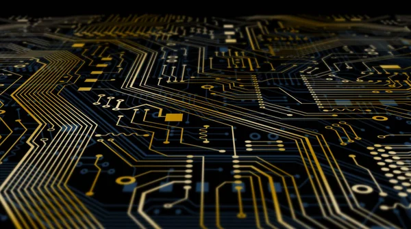Closeup of integrated circuit board with golden lines, electronic background. Illustration. Panorama