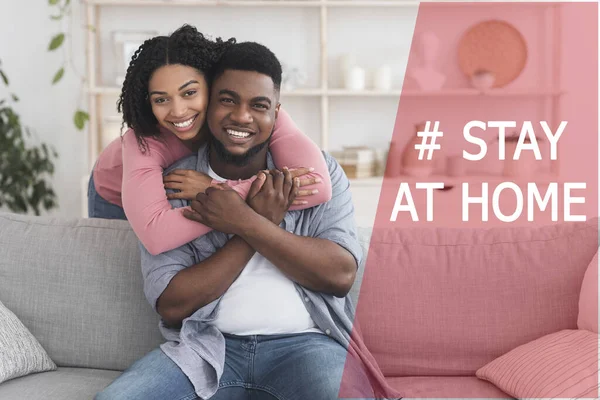 Stay At Home. Collage With Happy Black Couple Embracing And Smiling