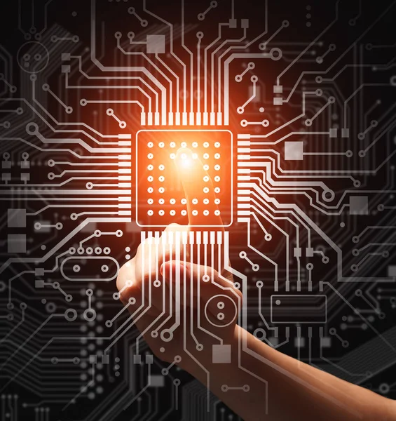 Computer technologies. Unrecognizable woman touching glowing CPU on virtual screen, collage — Stock Photo, Image