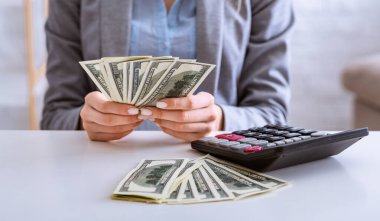Bütçe planlaması krizde. Kadın elleri dolarları düşünür.