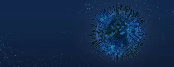 Epidemia COVID-19. Makro widok mikroba koronawirusa, niebieskie tło. Ilustracja 3D z miejsca kopiowania. Panorama — Zdjęcie stockowe