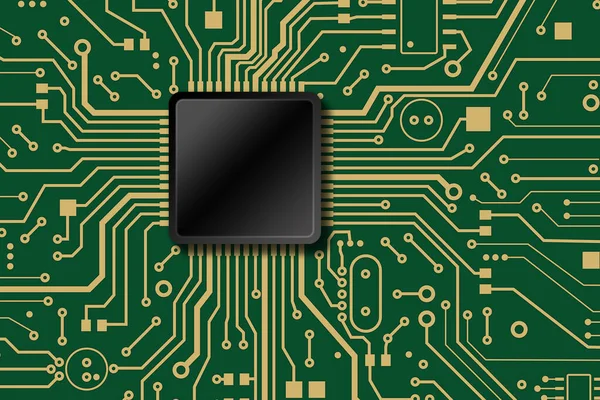 Ilustracja obwodu płyty głównej z procesorem i przewodami elektrycznymi, widok z góry. Przestrzeń kopiowania — Zdjęcie stockowe