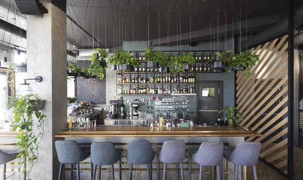Different beverages on bar counter in modern cafe, online bar — Stock Photo, Image