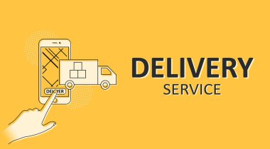 DELIVERY SERVICE kelimelerinin yer aldığı bir resim, ekranda görünen cep telefonu ve kamyonete dokunan kişi. Panorama