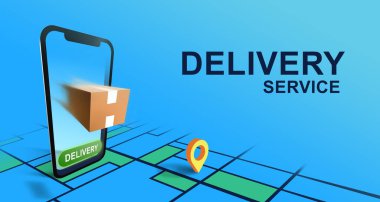 Akıllı telefondan ve DELIVERY SERVICE cümlesinden paket görüntüsü. Panorama
