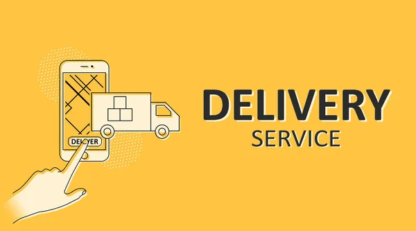 Ilustrace se slovy DELIVERY SERVICE, osoba dotýkající se mobilního telefonu a kamionu se objeví z obrazovky. Panorama — Stock fotografie