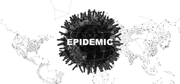 コロナウイルスの発生。単語EPIDEMICと病原微生物と3D黒と白のイラスト,パノラマ — ストック写真
