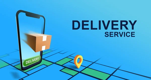 Illustration with parcel appearing from smartphone and phrase DELIVERY SERVICE. Panorama — Stock Photo, Image