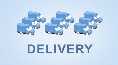 Sıraya dizilmiş kamyonlarla ve mavi arka planda DELIVERY sözcüğüyle illükler. Panorama