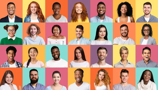 Mosaico de pessoas retratos com rostos multirraciais em fundos coloridos — Fotografia de Stock