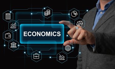 Ekonomi konsepti. Takım elbiseli adam yazı tutuyor.