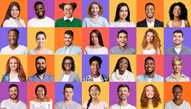 Renkli arkaplanda Kadın ve Erkek Yüzleri Kolajı