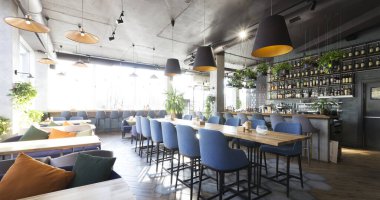 Modern rahat kafe, panorama 'da boş bar tezgahı