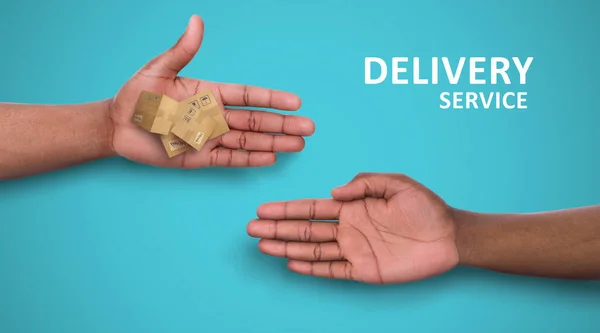 Shipment service collage. Delivery boy handing heap of parcels to his client, closeup. Panorama — Stock Photo, Image