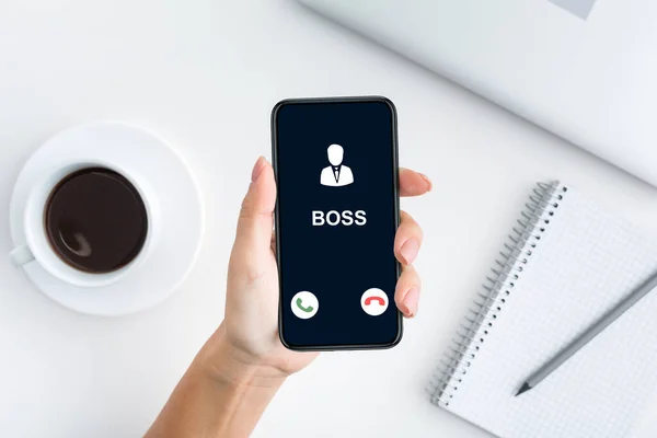 Female Hand Holding Phone With Boss Incoming Call — Stock Photo, Image