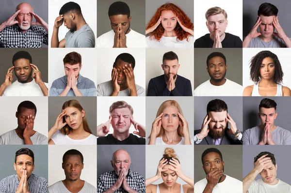 Collage con diversas personas que sufren de dolor de cabeza, estrés o problemas — Foto de Stock