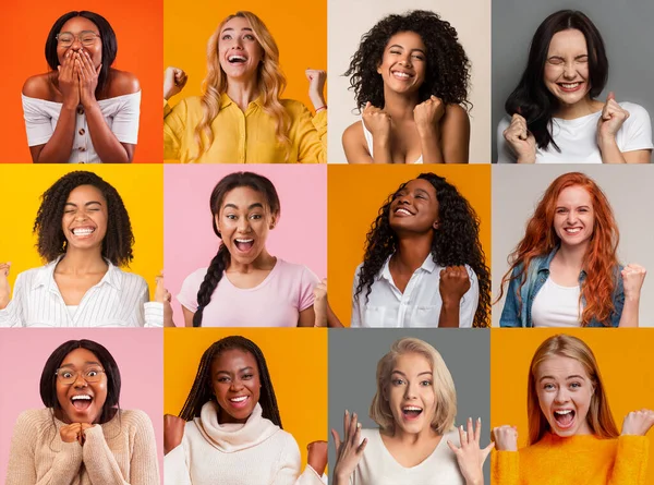 Collage con mujeres jóvenes multiétnicas asombradas sobre fondo colorido — Foto de Stock