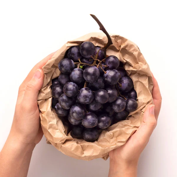 エコペーパーバッグの中にブルーブドウの枝を持つ農家の手 — ストック写真