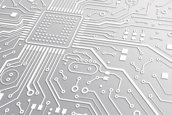 High tech. Macro illustration of circuit board with microchip and white lines — Stock Photo, Image