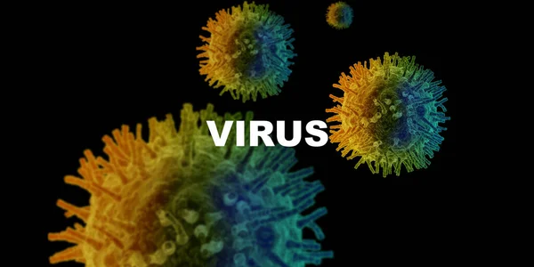 Vírusjárvány tört ki. Lebegő kórokozó sejtek és szó VIRUS fekete alapon, 3D illusztráció — Stock Fotó