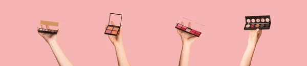 Коллаж с женскими руками держа различные палитры макияжа на розовом фоне, панорама — стоковое фото