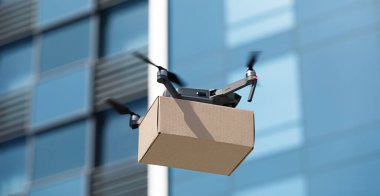 Electric drone delivering small box through the city clipart
