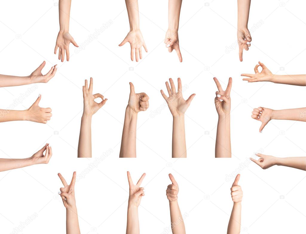 Sign language. Collage with female hands showing different gestures on white background, isolated