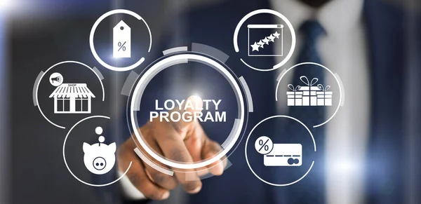 Collage with businessman pressing loyalty program button on virtual screen, panorama — Stock Photo, Image