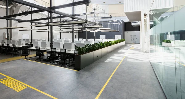 Kontorsinteriör med öppet utrymme och gula restriktiva zoner — Stockfoto