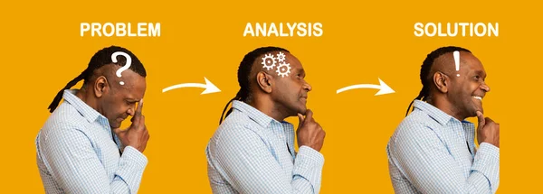 Creatieve collage van volwassen Afrikaanse man met probleem-, analyse- en oplossingsexpressies — Stockfoto