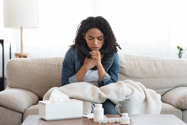 Sick Afro Woman Having Strong Dry Cough, Feeling Unwell At Home