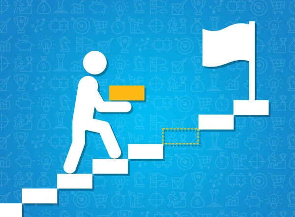 Raggiungere gli obiettivi. Illustrazione creativa con persona scala di arrampicata con passo mancante nelle mani, sfondo blu — Foto Stock