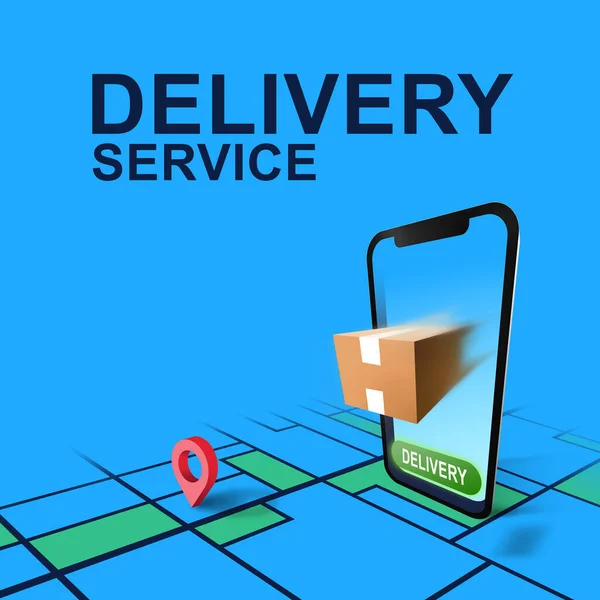 Пакет, выходящий из мобильного телефона и слова DELIVERY SERVICE — стоковое фото