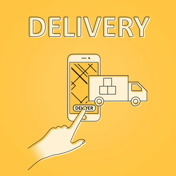 Online delivery. Illustration with truck emerging from mobile phone and hand pushing button, orange background — Stock Photo, Image