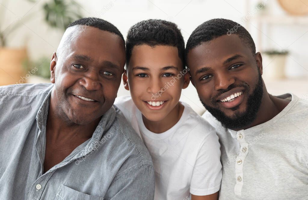 Male Family Members. Portrait Of Handsome African Grandfather, Father And Son
