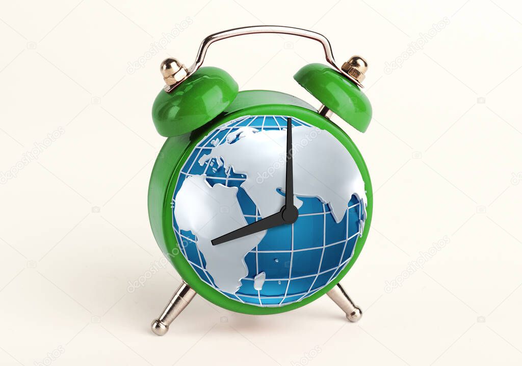 Environmental wakeup call. Collage of alarm clock with globe instead of hour face isolated on white