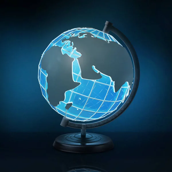 Geografisch concept. Gloeiende globe op standaard tegen donkere helling achtergrond, collage — Stockfoto